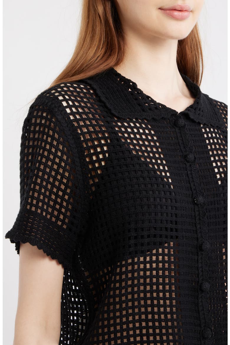 The Crochet Short Sleeve Button-Up Shirt, Alternate, color, BLACK