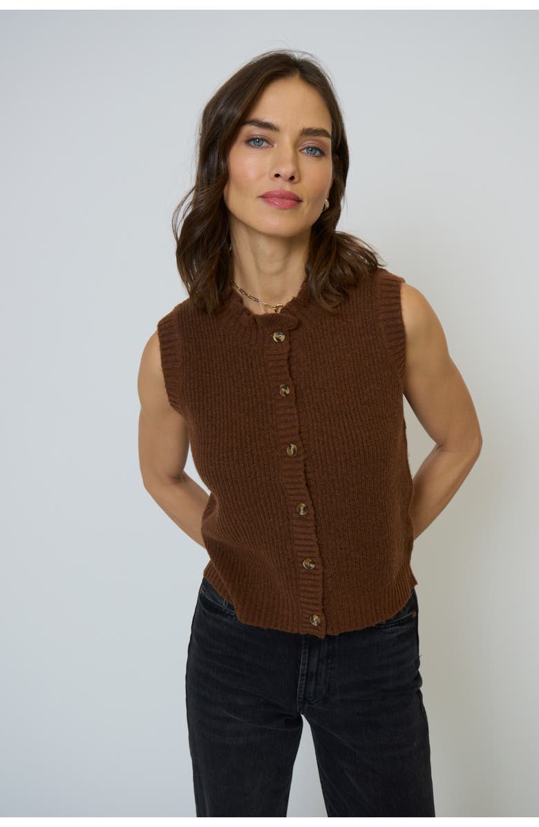 Central Park West Olivia Ruffle Sleeveless Cardi, Main, color, Chocolate