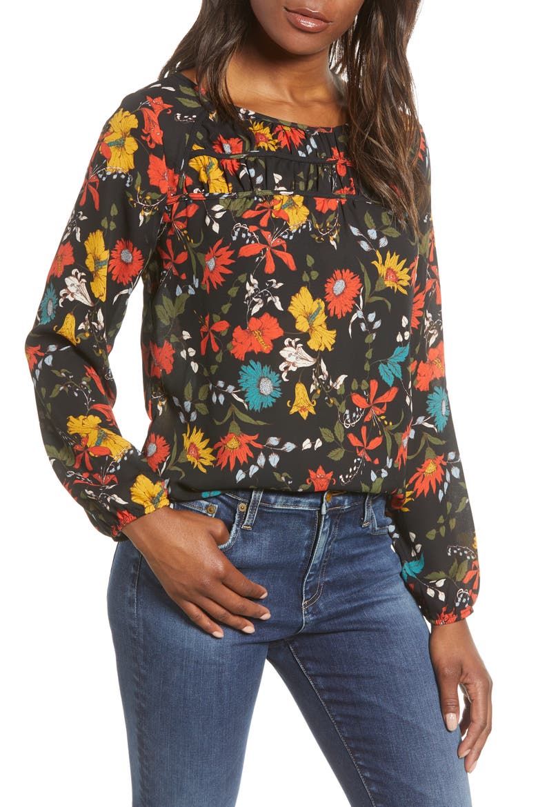 Gibson Print Ruched Long Sleeve Blouse, Main, color, BLACK MULTI FLORAL