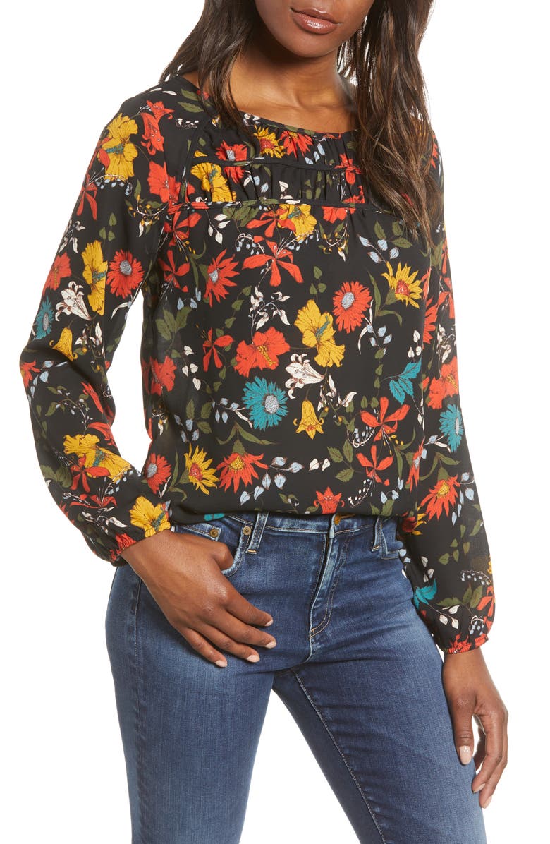 GIBSONLOOK Gibson Print Ruched Long Sleeve Blouse, Main, color,