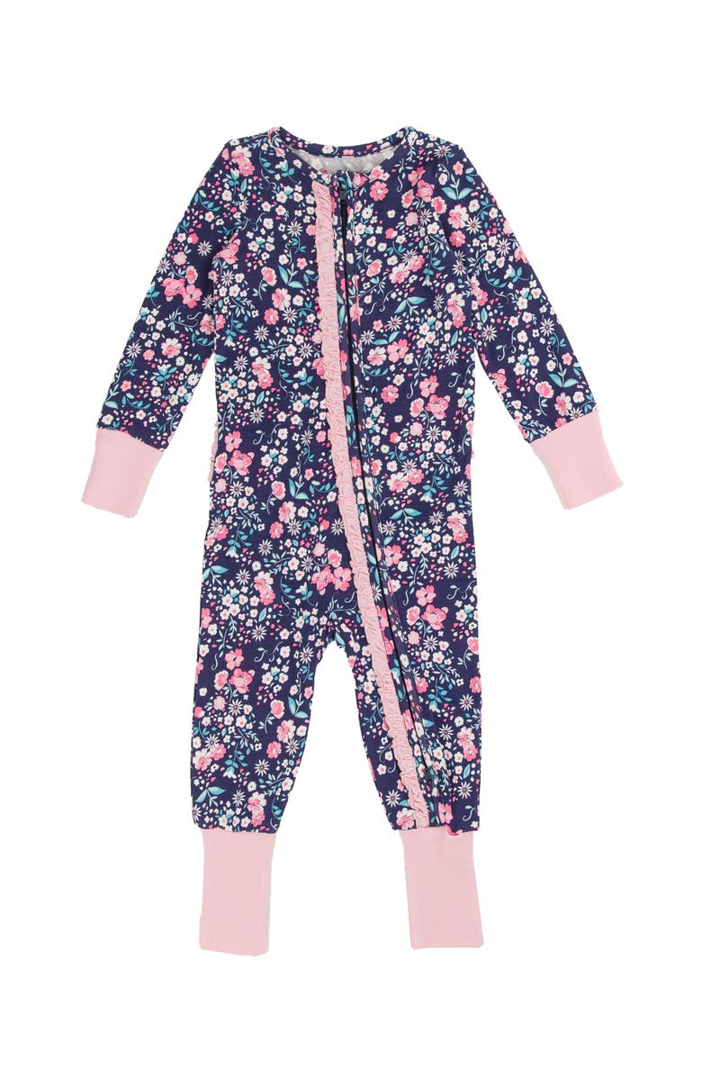 RuffleButts SoftSnooze Baby Girls Ruffle One Piece Convertible Pajamas, Main, color, Moonlit Meadow