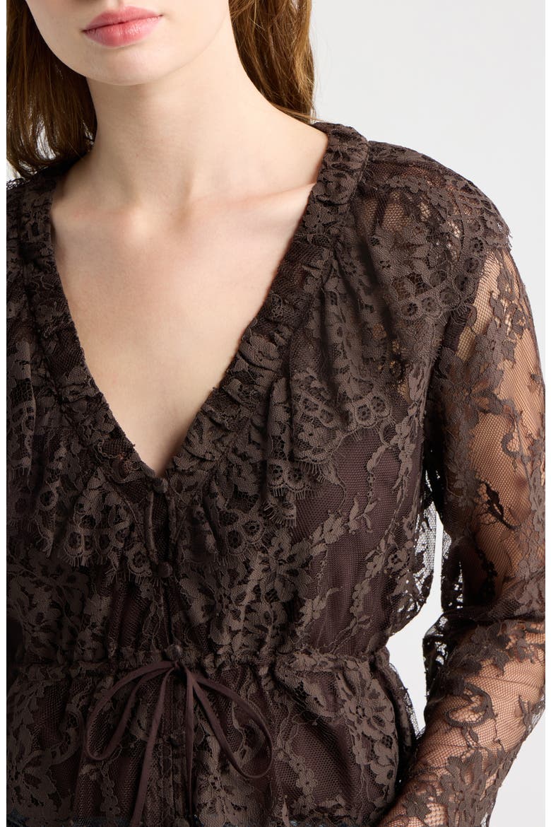 Zoya Ruffle Trim Lace Top, Alternate, color, CHOCOLATE
