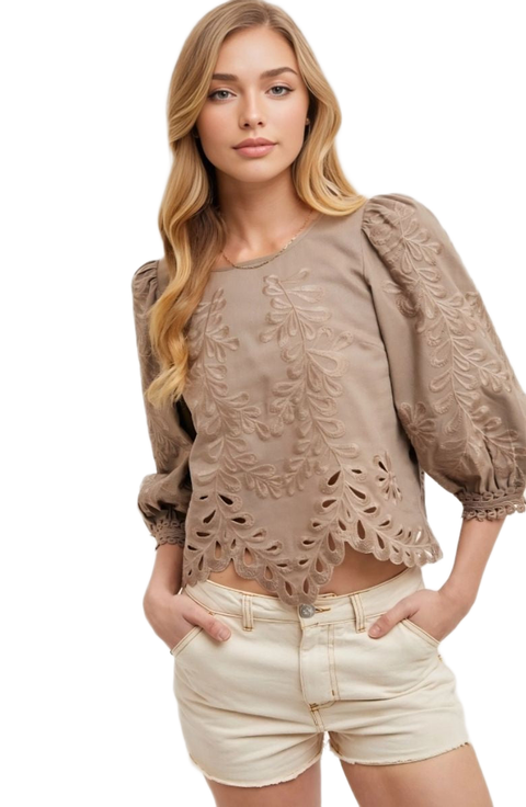 Embroidered Puff Sleeve Blouse with Scallop Hem and Cutout Detailing