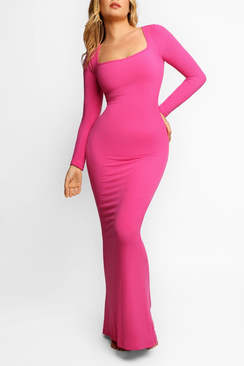 Shapewear Square Neck Long Sleeve Slimming Modal Maxi Dress, Alternate, color, Blush