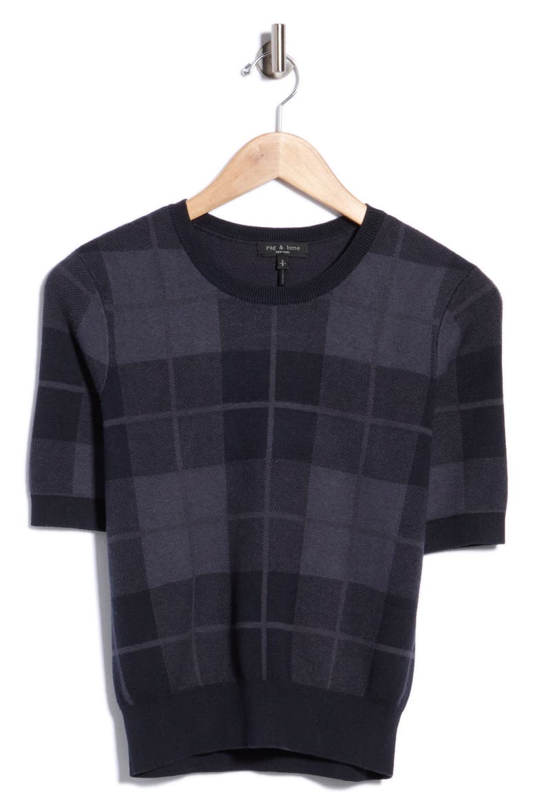 Ren Jacquard Plaid Short Sleeve Sweater, Alternate, color, FADED NAVY