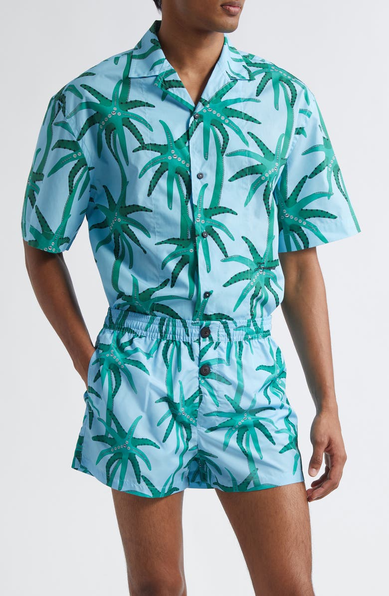 Jacquemus La Chemise Jean Camp Shirt, Main, color, Print Palmtrees Star Blue