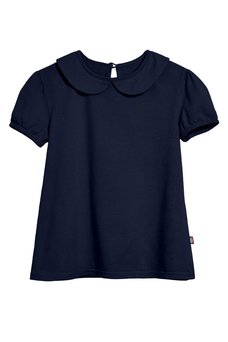 Girls Soft 100% Cotton Jersey Peter Pan Collar Short Sleeve Puff Tee, Main, color, Navy