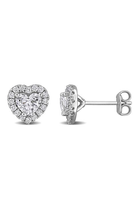 Sterling Silver Lab Grown Diamond Heart Halo Stud Earrings