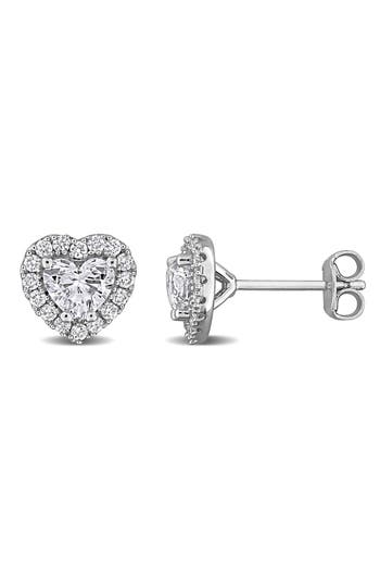Created Forever Sterling Silver Lab Grown Diamond Heart Halo Stud Earrings In Silver