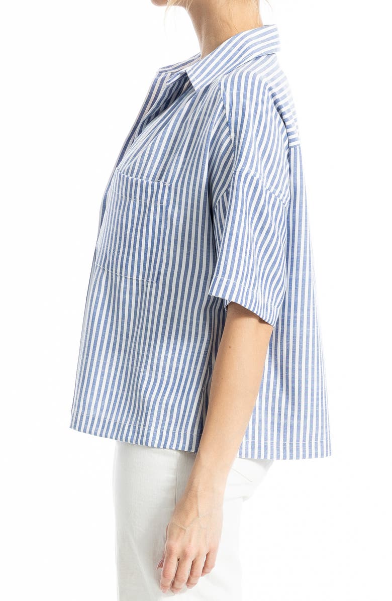 MAX STUDIO Split Neck Collar Short Sleeve Top, Alternate, color, Denim/ Black Framed