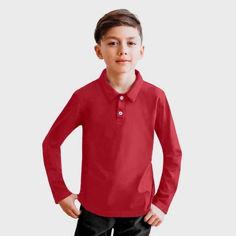 Boys 100% Cotton Knit Jersey 2-Button Long Sleeve Polo (Toddler, Little Kid, Big Kid)