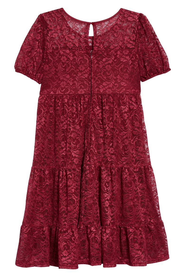 Kids' Puff Sleeve Lace Dress, Alternate, color, BURGUNDY