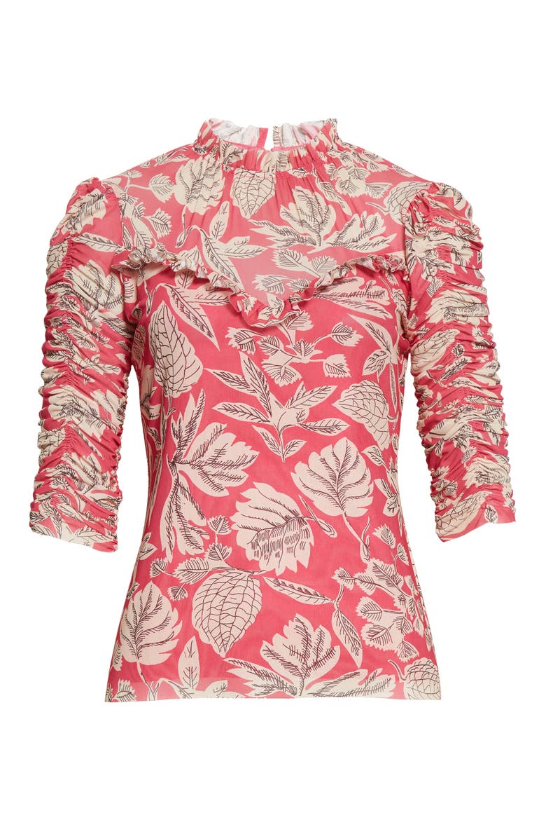 Izabelo Print Ruffle Mesh Top, Alternate, color, BRIGHT PINK
