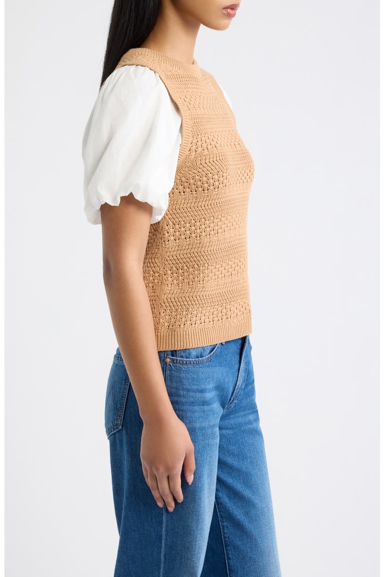 Danni Puff Sleeve Pointelle Knit Top, Alternate, color, CAMEL