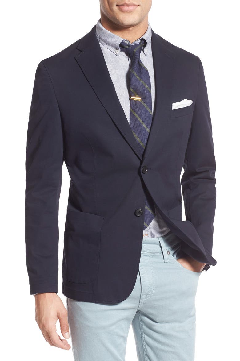 Trim Fit Stretch Cotton Blazer, Main, color, NAVY