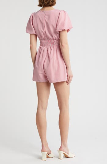 Plunge Tie Front Puff Sleeve Romper