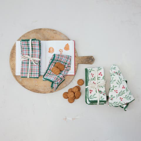 Plaid Cotton Napkins with Pom Pom Trim, Set of 4