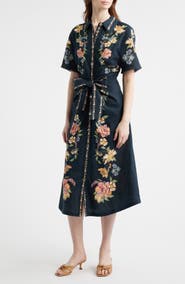 FARM Rio Maira Floral Belted Midi Shirtdress