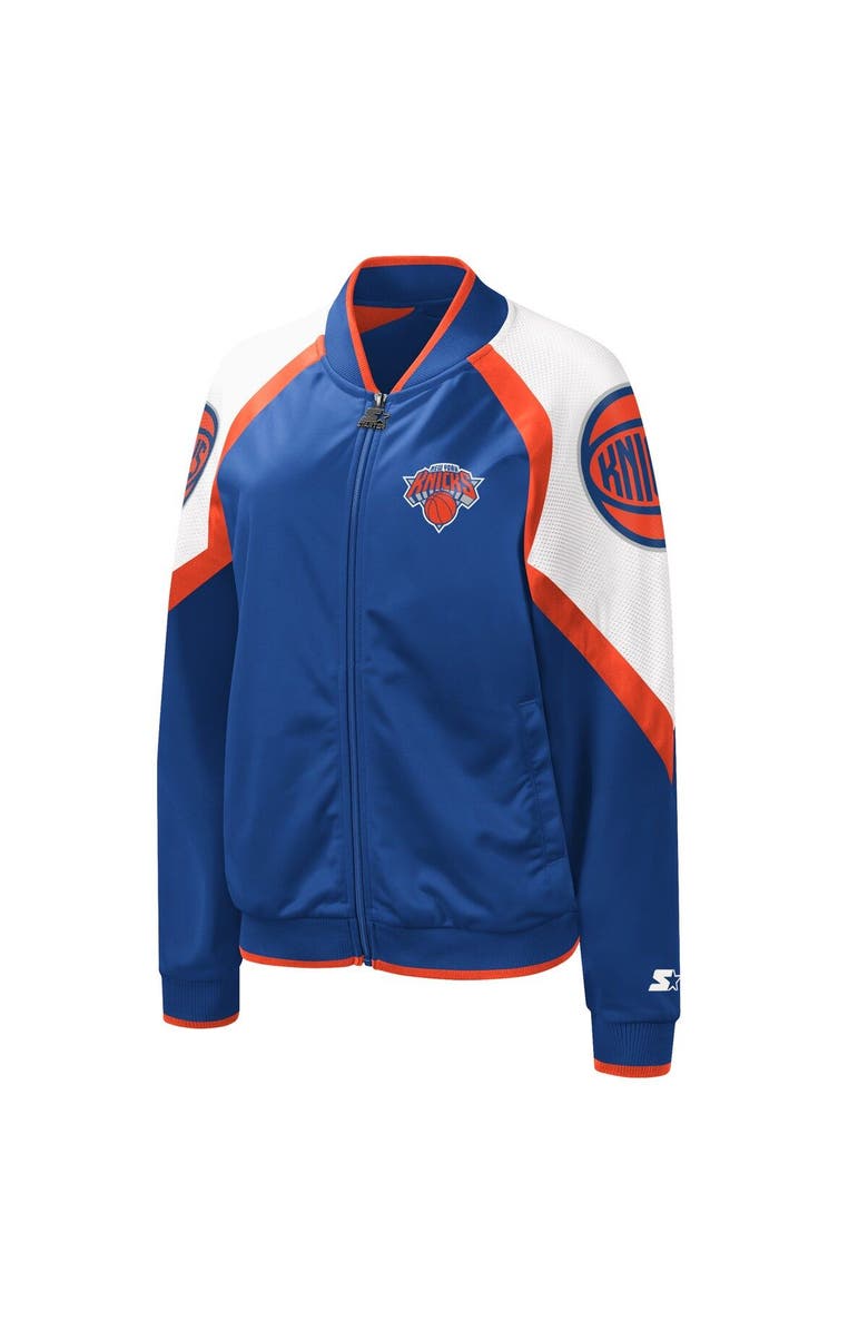 STARTER Women's Starter Blue/Orange New York Knicks Fan Girl Satin Raglan Full-Zip Jacket, Alternate, color, 
