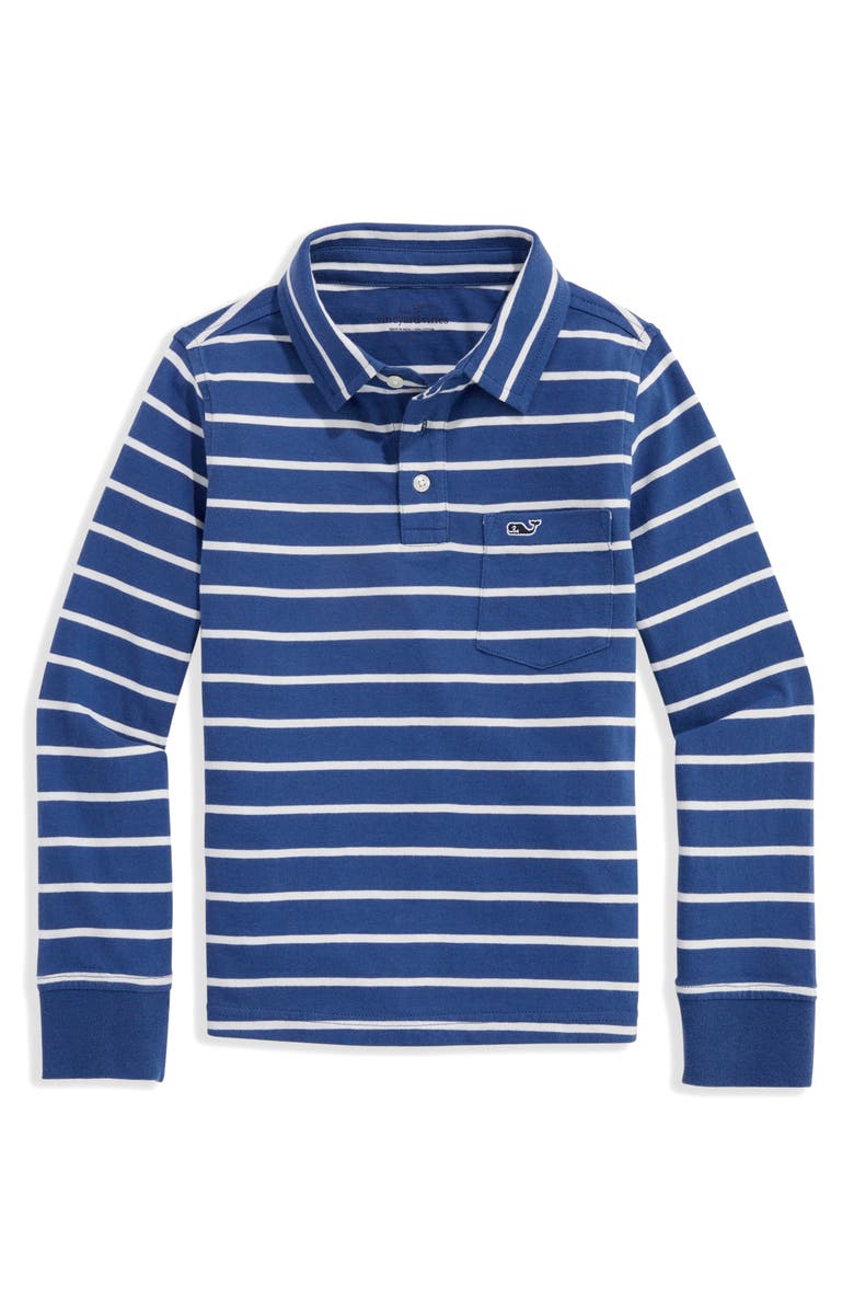 vineyard vines Kids' Surf Stripe Long Sleeve Cotton Pocket Polo, Main, color, Moonshine/ White