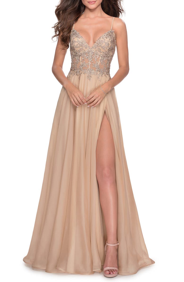 La Femme Floral Appliqué Chiffon Gown, Main, color,