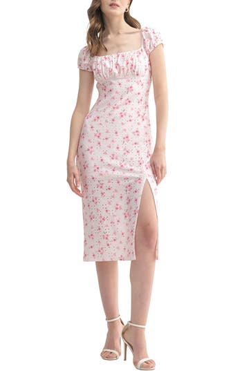 Lush Puff Sleeve Eyelet Midi Dress In Pink Ditsy