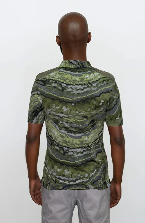24sevenmen Wrinkle Resistant 3 Button Green Marble Polo Shirt In Multi
