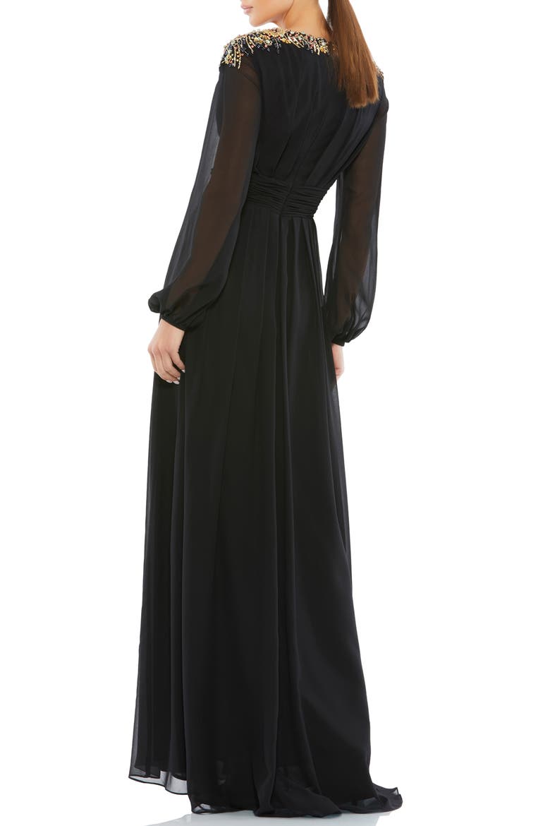 Embellished Shoulder Blouson Sleeve Evening Gown, Alternate, color, BLACK GOLD