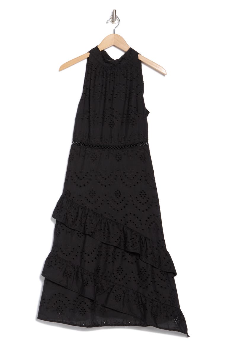 High Neck Eyelet Midi Dress, Alternate, color, BLACK