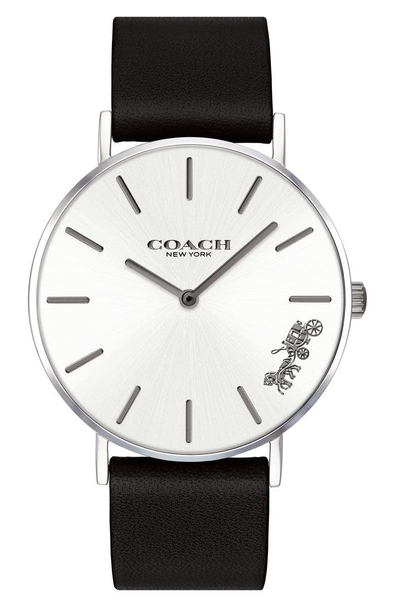 COACH Perry Leather Strap Watch, 36mm, Main, color, Silver/Black