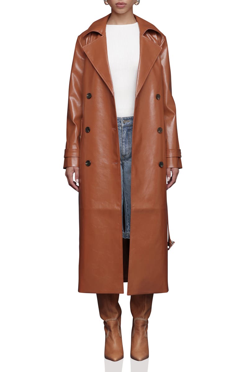 Avec Les Filles Double Breasted Faux Leather Trench Coat, Alternate, color, Caramel
