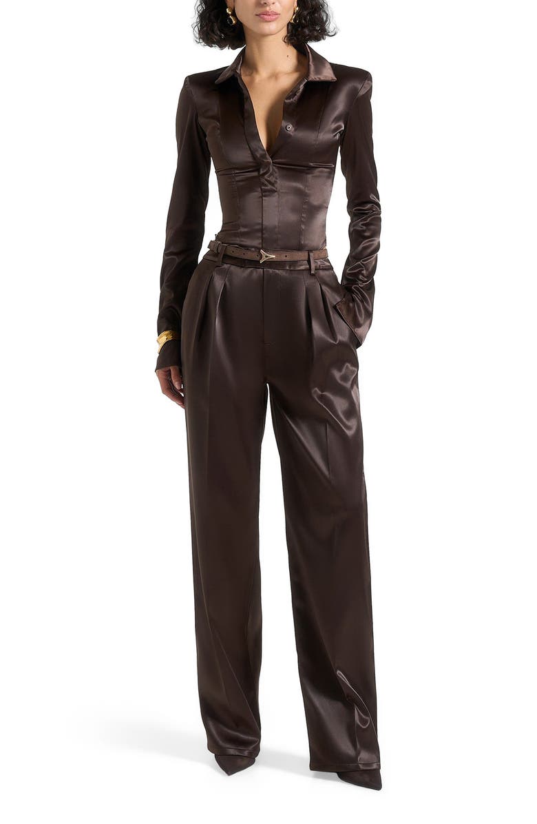 Manière De Voir Julie Satin Tailored Twin Pleat Trousers, Alternate, color, Brown