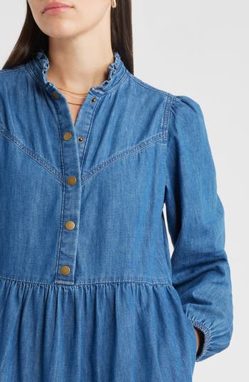 Long Sleeve Tiered Cotton Chambray Maxi Dress