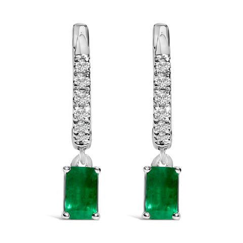 10K White Gold Oval Green Emerald and 1/8 Ct Diamond Drop Earrings