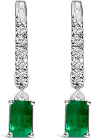Haus of Brilliance 10K White Gold Oval Green Emerald and 1/8 Ct Diamond Drop Earrings