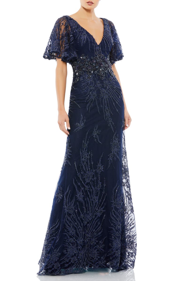Mac Duggal Sequin Butterfly Sleeve Lace Gown, Main, color,