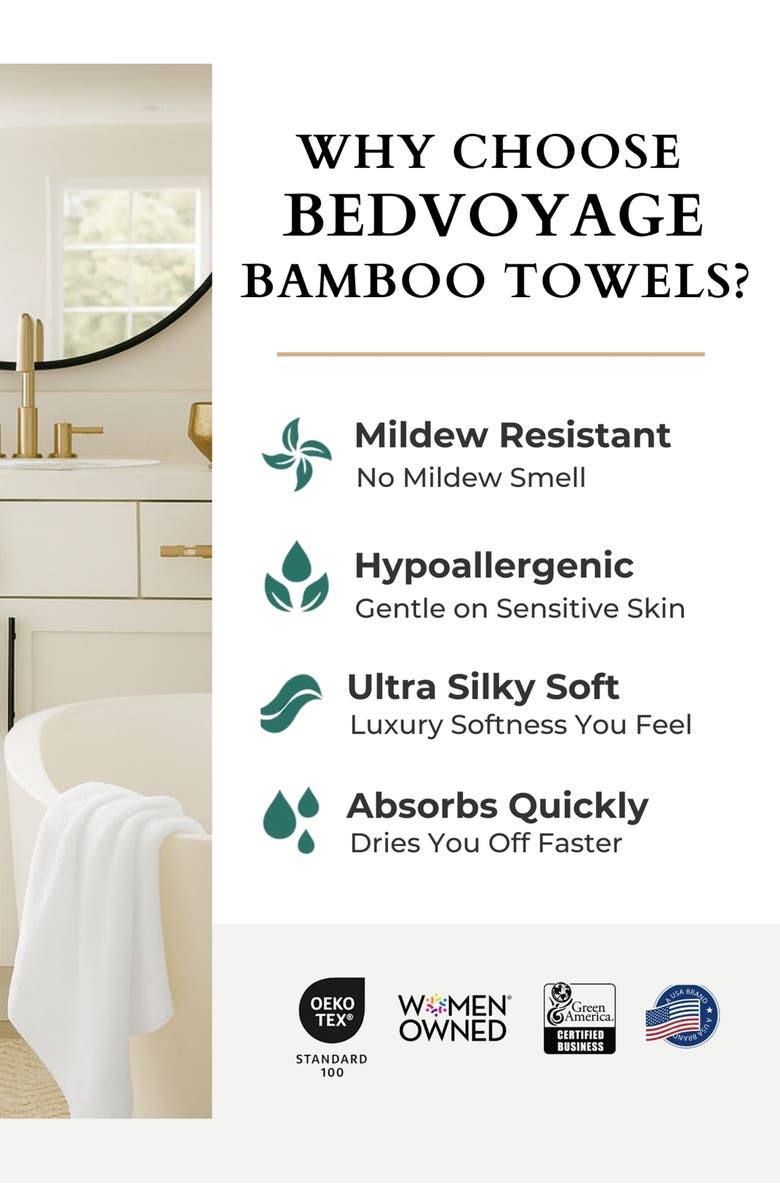 BedVoyage Luxury Viscose Odor & Mildew Resistant Towel Collection, 8pc Set, Alternate, color, White