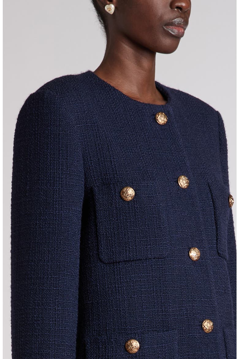 Wool Blend Tweed Jacket with Faux Fur Cuffs, Alternate, color, NAVY