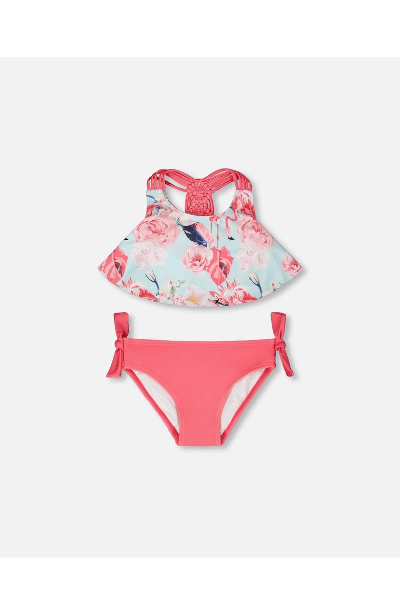 Deux par Deux Two-Piece Triple Strap Flamingo Swimsuit, Main, color, Blue Flamingo Print
