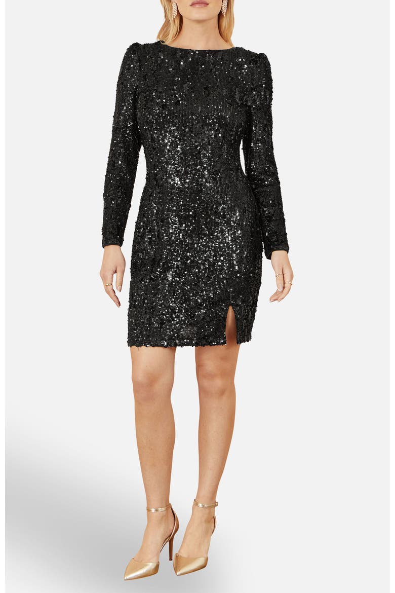 Sequin Long Sleeve Fitted Dress, Alternate, color, Black