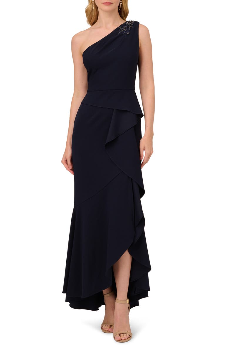 Adrianna Papell Beaded One-Shoulder Crepe Gown, Main, color, Midnight