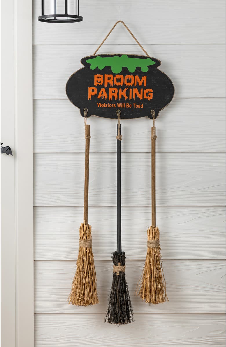 Glitzhom 37"H Halloween Wooden Cauldron and Broom Porch Decor, Alternate, color, Black
