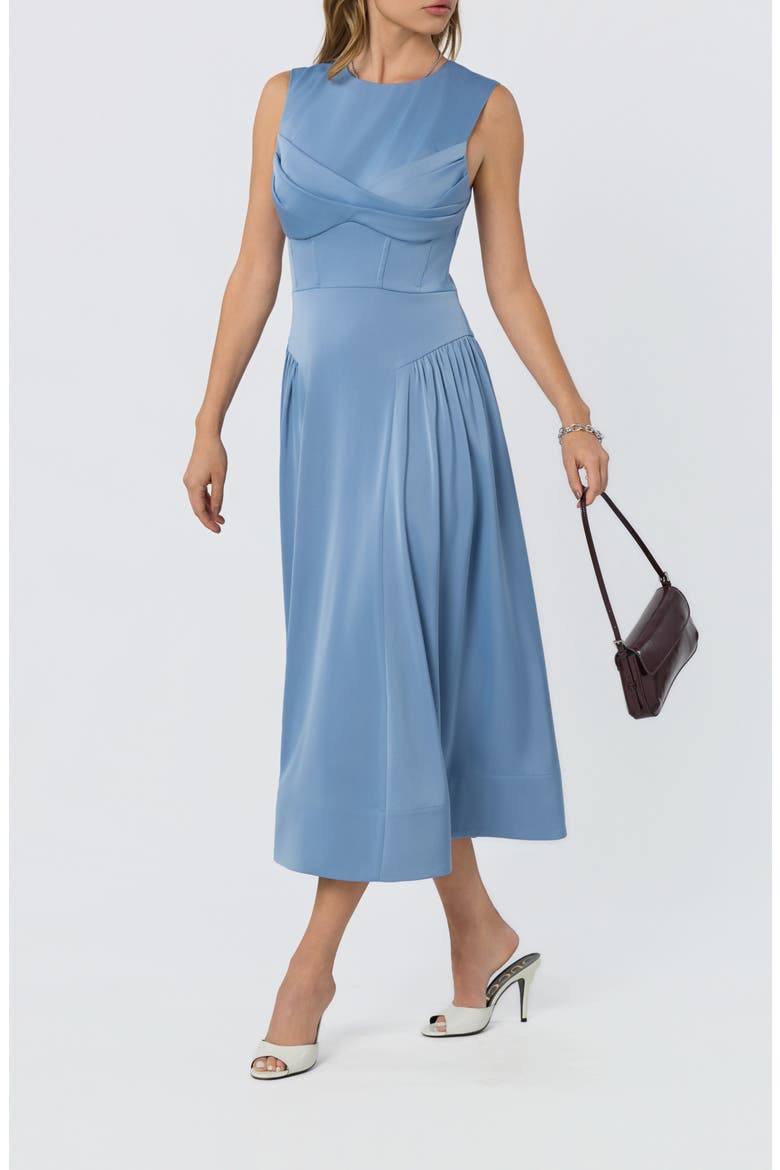 Seraphina Pleated Twist Corset Midi Dress, Alternate, color, DUSTY BLUE