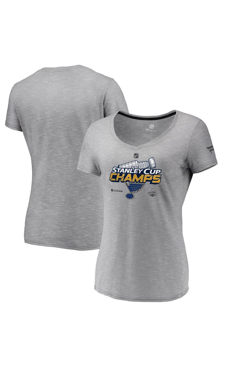 FANATICS Women's Fanatics Branded Gray St. Louis Blues 2019 Stanley Cup Champions Locker Room V-Neck T-Shirt, Main, color,