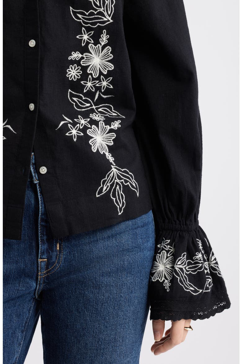Embroidered Front Button Top, Alternate, color, BLACK-IVORY EMBROIDERED FLORAL