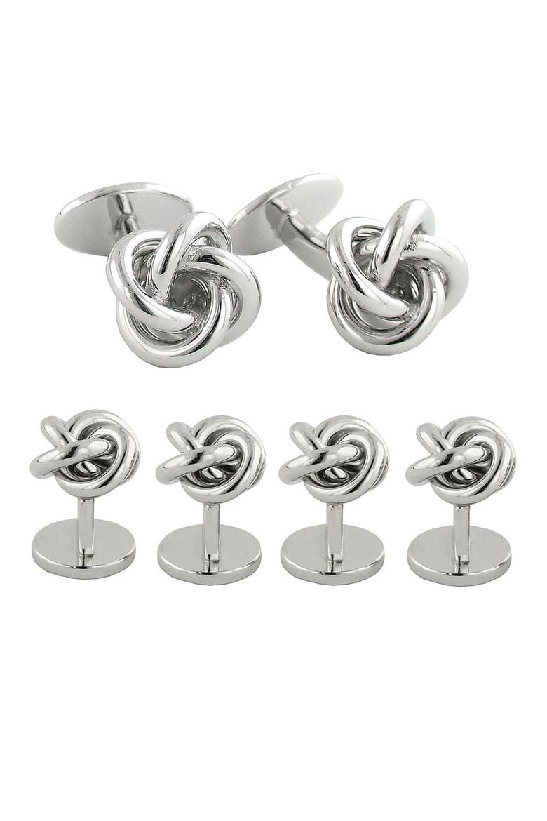 Knot Cuff Link & Stud Set, Main, color, SILVER KNOT