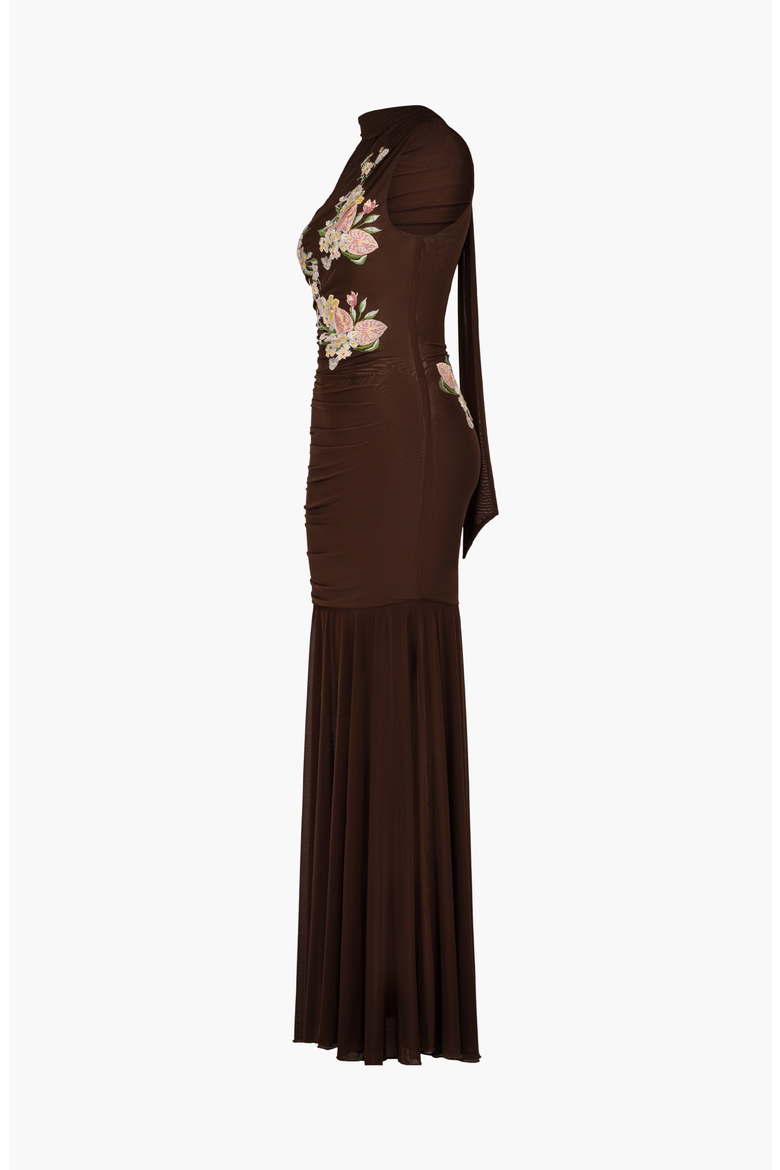 Alba Floral Embroidered Mesh Dress, Alternate, color, Brown