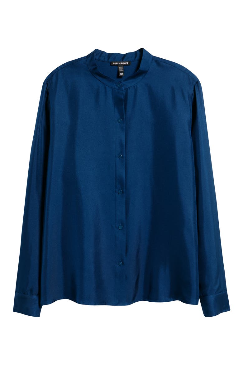 Mandarin Collar Silk Button-Up Shirt, Alternate, color, ATLANTIS