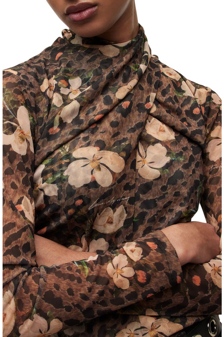 Tia Alessandra Floral Print Turtleneck Top, Alternate, color, ANIMAL BROWN