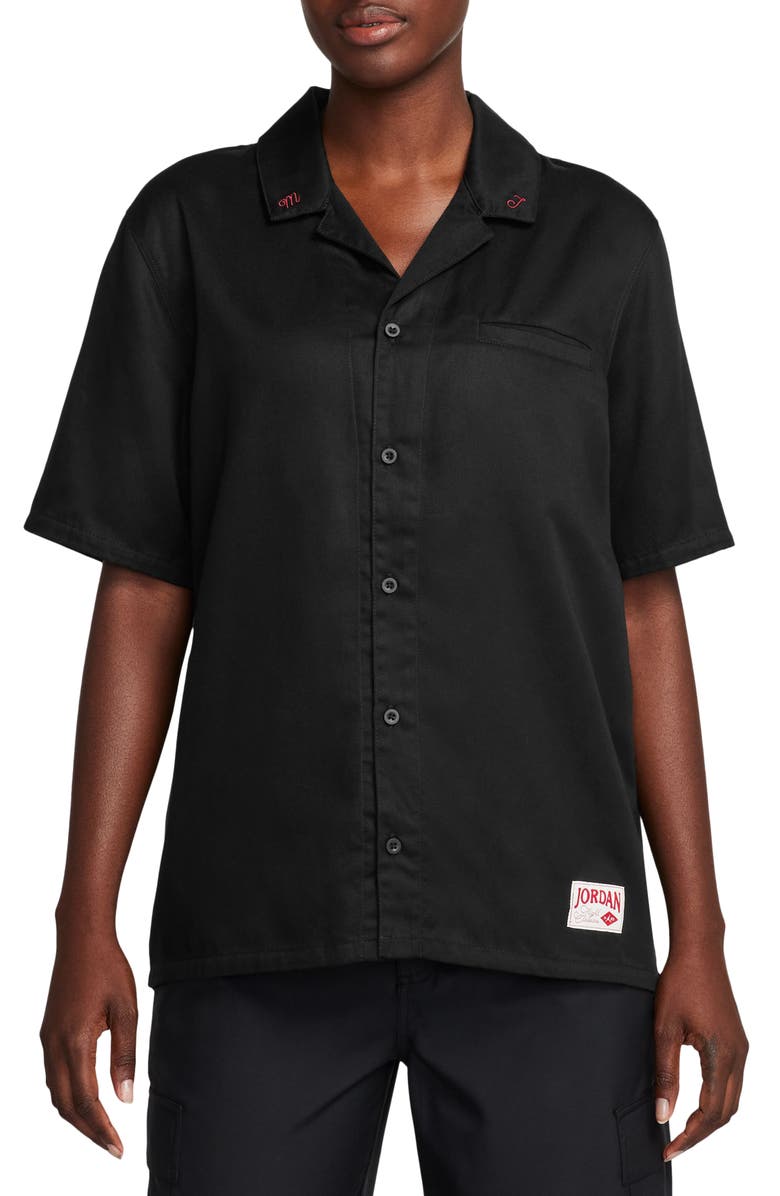 Jordan Embroidered Notched Collar Camp Shirt, Main, color, Black/ Gym Red